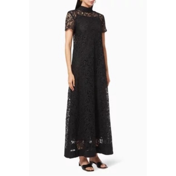 Staud Doris Short Sleeve Tie-Back Lace Gown in Black - Picture 1 of 6